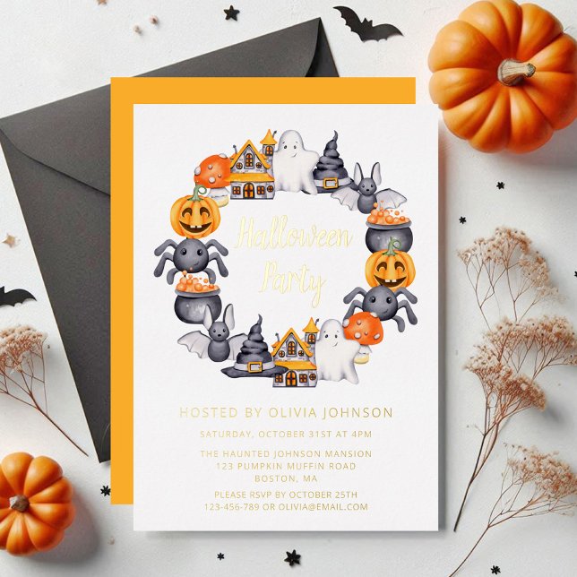 Cute Happy Halloween Illustration Party Gold  (Cute Happy Halloween Illustration Party Gold Foil Invitation)