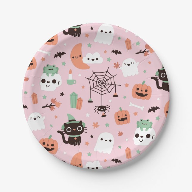 Cute Happy Halloween Pattern Party PinkPaper Plate (Front)