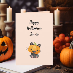 Cute Happy Halloween Pumpkin Cat with Name Card