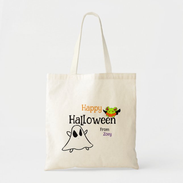 Cute Happy Halloween Tote Bag with ghostie & frog (Front)