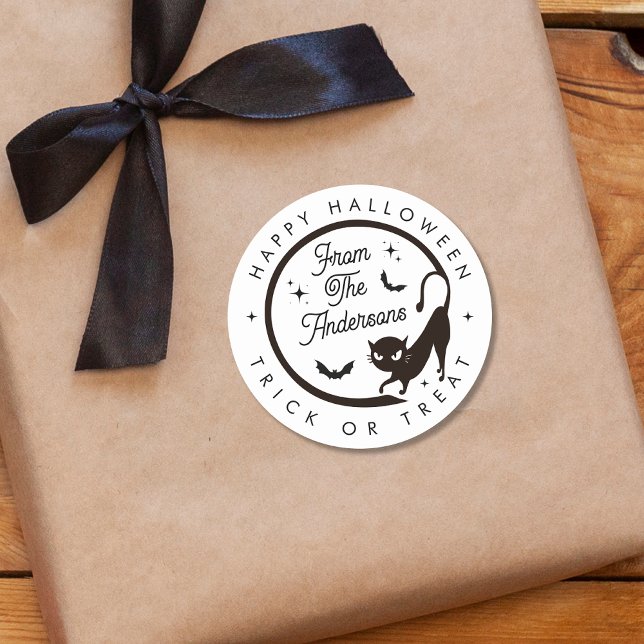 Cute Happy Halloween Trick or Treat Black Cat Bats Classic Round Sticker (Creator Uploaded)