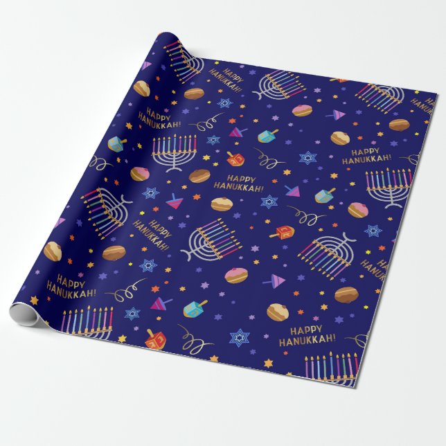 Cute Happy Hanukkah Star Of David Menorah Pattern Wrapping Paper (Unrolled)