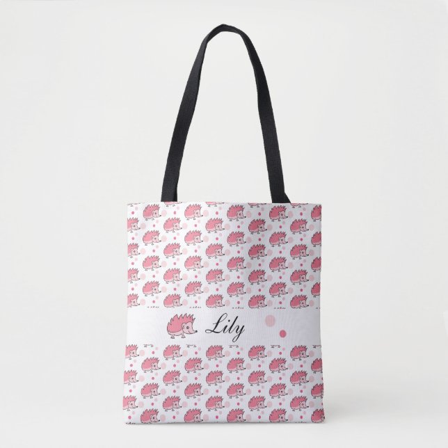 Cute Happy Hedgehog Pattern Pink White Tote Bag (Front)