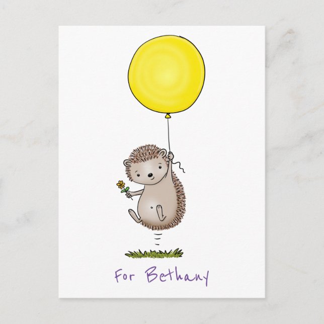 Cute happy hedgehog with balloon illustration postcard (Front)