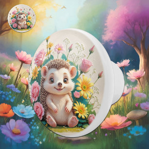 Cute Happy Hedgehog with Flowers Ceramic Knob