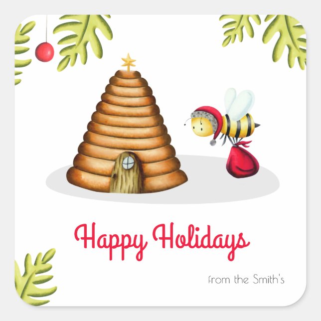 Cute Happy Holidays Bee Santa Claus From Family Square Sticker (Front)