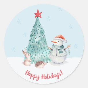 Cute Happy Holidays Snowman Christmas Classic Round Sticker
