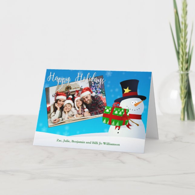 Cute Happy Holidays Snowman With a Gift Your Photo Holiday Card (Front)