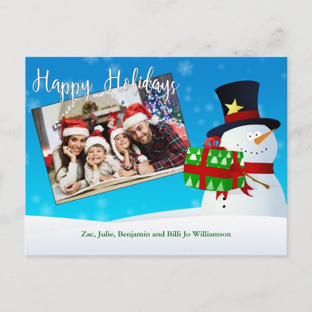 Cute Happy Holidays Snowman With a Gift Your Photo Postcard (Front)