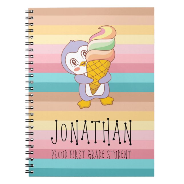 Cute Happy Ice Cream Penguin Cartoon Illustration Notebook (Front)