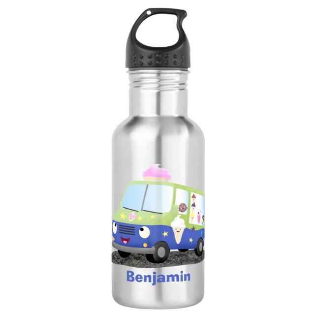 Cute happy ice cream truck cartoon 532 ml water bottle (Front)