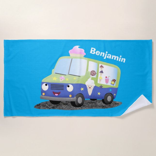Cute happy ice cream truck cartoon beach towel (Front)