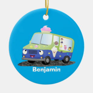 Cute happy ice cream truck cartoon ceramic ornament