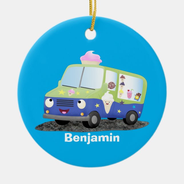 Cute happy ice cream truck cartoon ceramic ornament (Front)