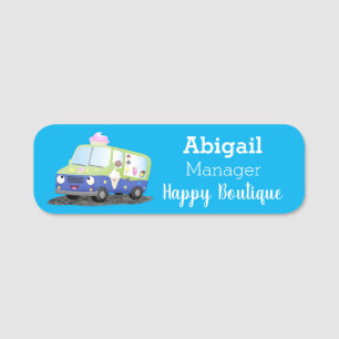 Cute happy ice cream truck cartoon name tag