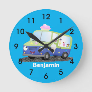 Cute happy ice cream truck cartoon round clock