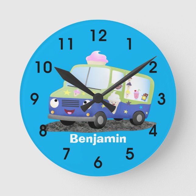 Cute happy ice cream truck cartoon round clock (Front)