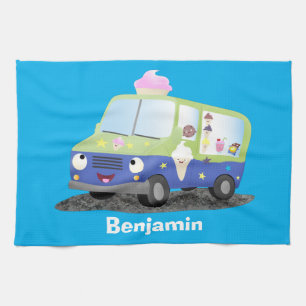 Cute happy ice cream truck cartoon tea towel