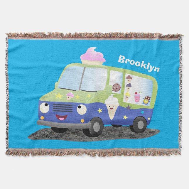 Cute happy ice cream truck cartoon throw blanket (Front)