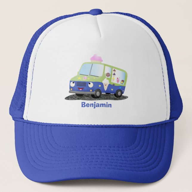 Cute happy ice cream truck cartoon trucker hat (Front)