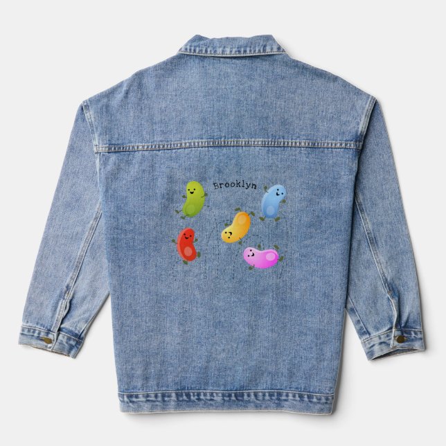 Cute happy jellybeans jumping cartoon illustration denim jacket (Back)