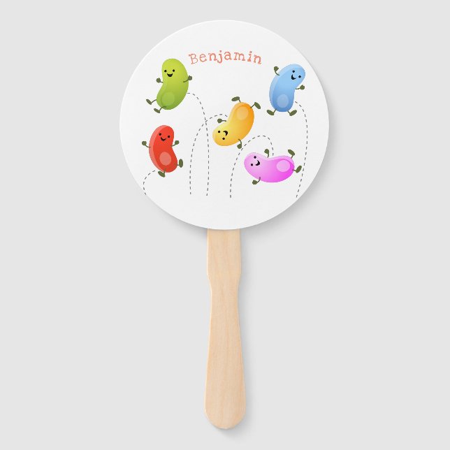 Cute happy jellybeans jumping cartoon illustration hand fan (Front)