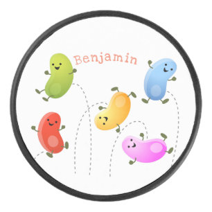 Cute happy jellybeans jumping cartoon illustration hockey puck