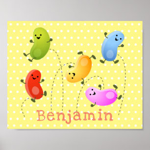 Cute happy jellybeans jumping cartoon illustration poster