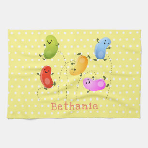 Cute happy jellybeans jumping cartoon illustration tea towel