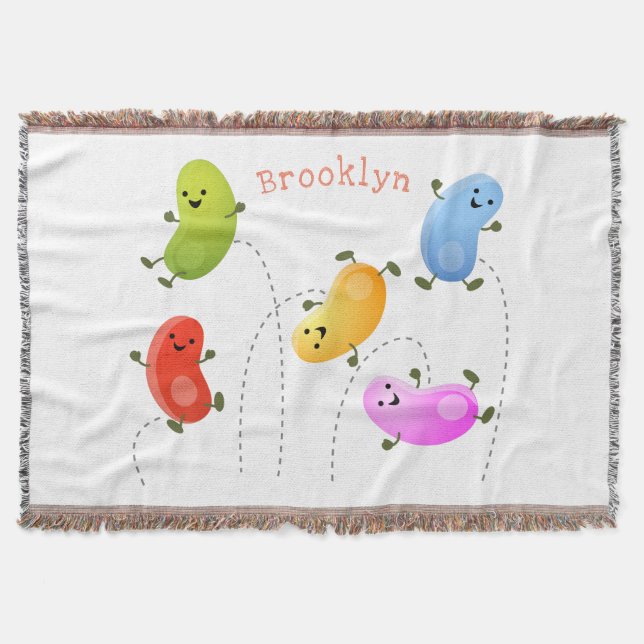 Cute happy jellybeans jumping cartoon illustration throw blanket (Front)