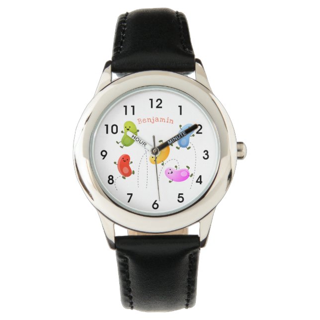 Cute happy jellybeans jumping cartoon illustration watch (Front)