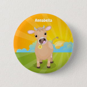 Cute happy jersey cow and flower cartoon 6 cm round badge