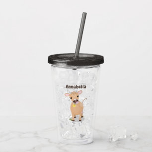 Cute happy jersey cow and flower cartoon acrylic tumbler