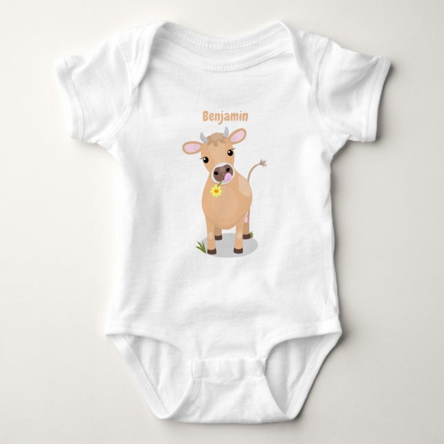 Cute happy jersey cow and flower cartoon baby bodysuit (Front)