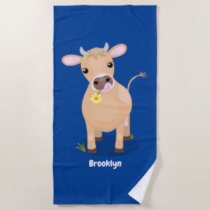 Cute happy jersey cow and flower cartoon beach towel