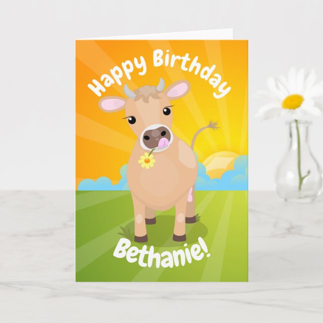 Cute happy jersey cow and flower cartoon birthday card (Small Plant)