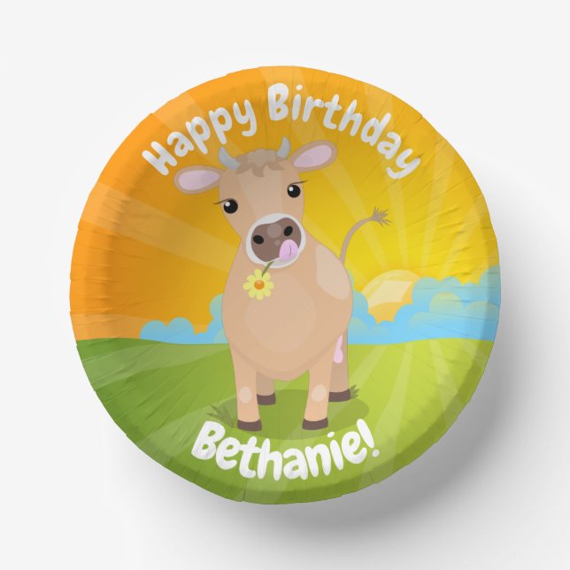 Cute happy jersey cow and flower cartoon birthday paper plate (Front)
