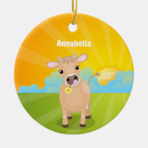 Cute happy jersey cow and flower cartoon ceramic ornament