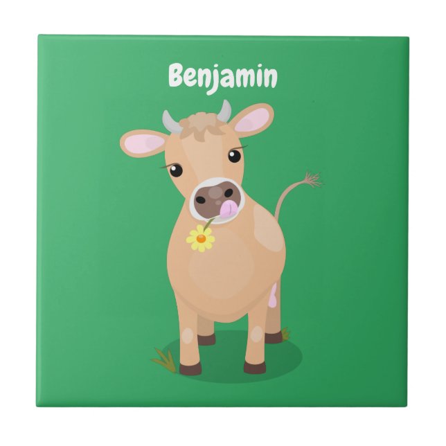Cute happy jersey cow and flower cartoon ceramic tile (Front)