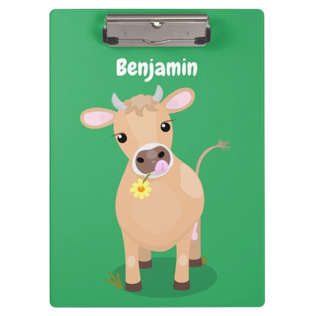 Cute happy jersey cow and flower cartoon clipboard (Front)