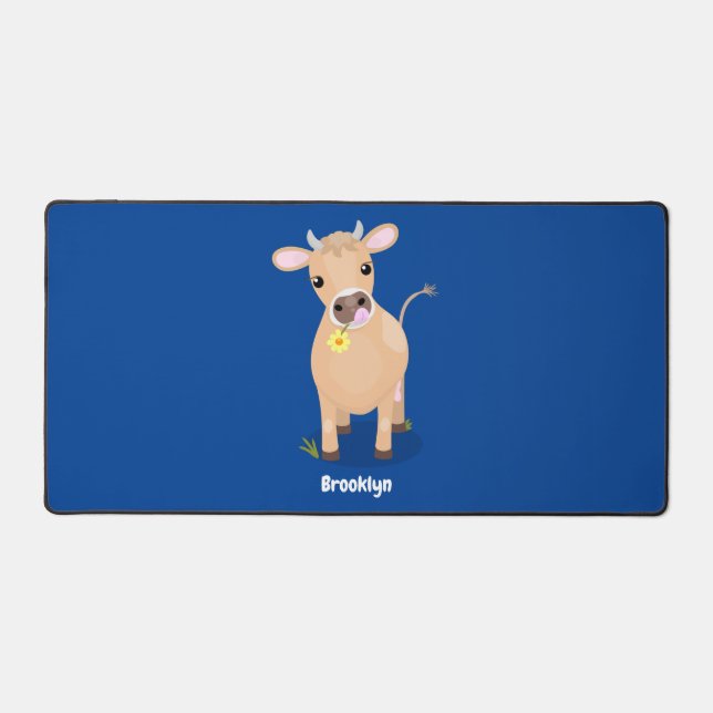 Cute happy jersey cow and flower cartoon desk mat (Front)