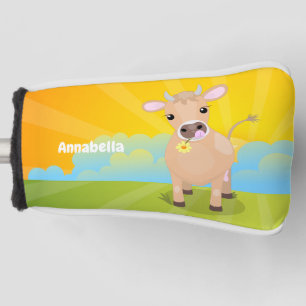 Cute happy jersey cow and flower cartoon golf head cover