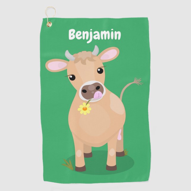 Cute happy jersey cow and flower cartoon  golf towel (Front)