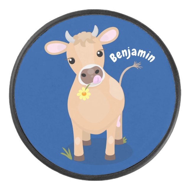 Cute happy jersey cow and flower cartoon hockey puck (Front)