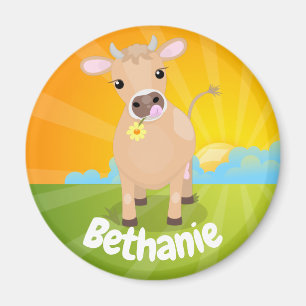 Cute happy jersey cow and flower cartoon magnet
