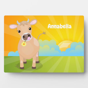Cute happy jersey cow and flower cartoon plaque