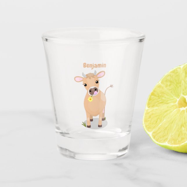 Cute happy jersey cow and flower cartoon  shot glass (Front)