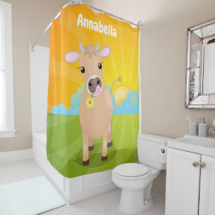 Cute happy jersey cow and flower cartoon shower curtain