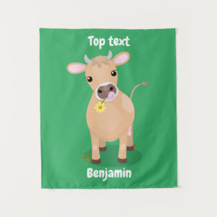 Cute happy jersey cow and flower cartoon  tapestry