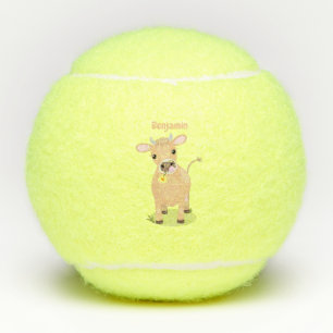 Cute happy jersey cow and flower cartoon tennis balls